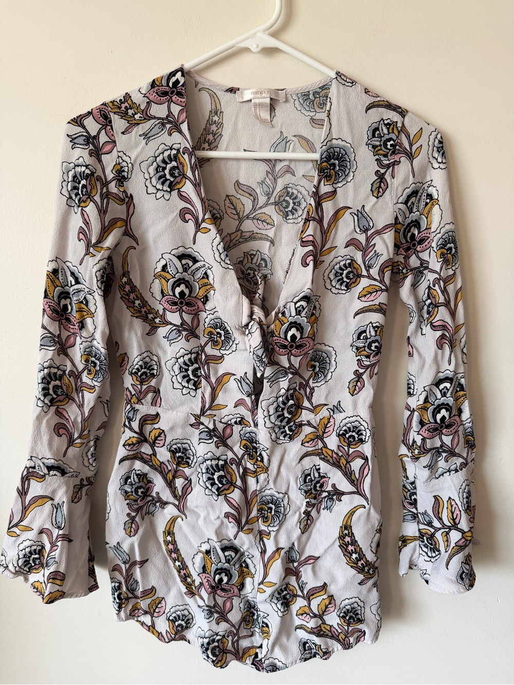 Forever 21 White Floral Tie-Front Jumpsuit with Pink & Mustard Accents